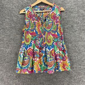 Ninety Blouse Women S Small Blue Paisley V-Neck Tasseled Sleeveless Wide Strap